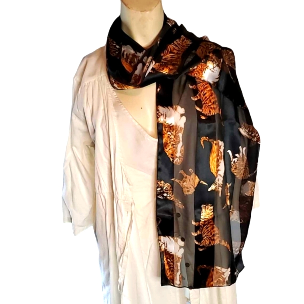 Cat Lover Scarf Sheer & Opaque Black Wide Stripes With Cats Everywhere 64x14"